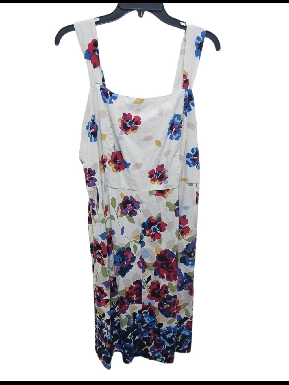 Lane Bryant White Midi Linen Dress with Blue and Red Floral Print